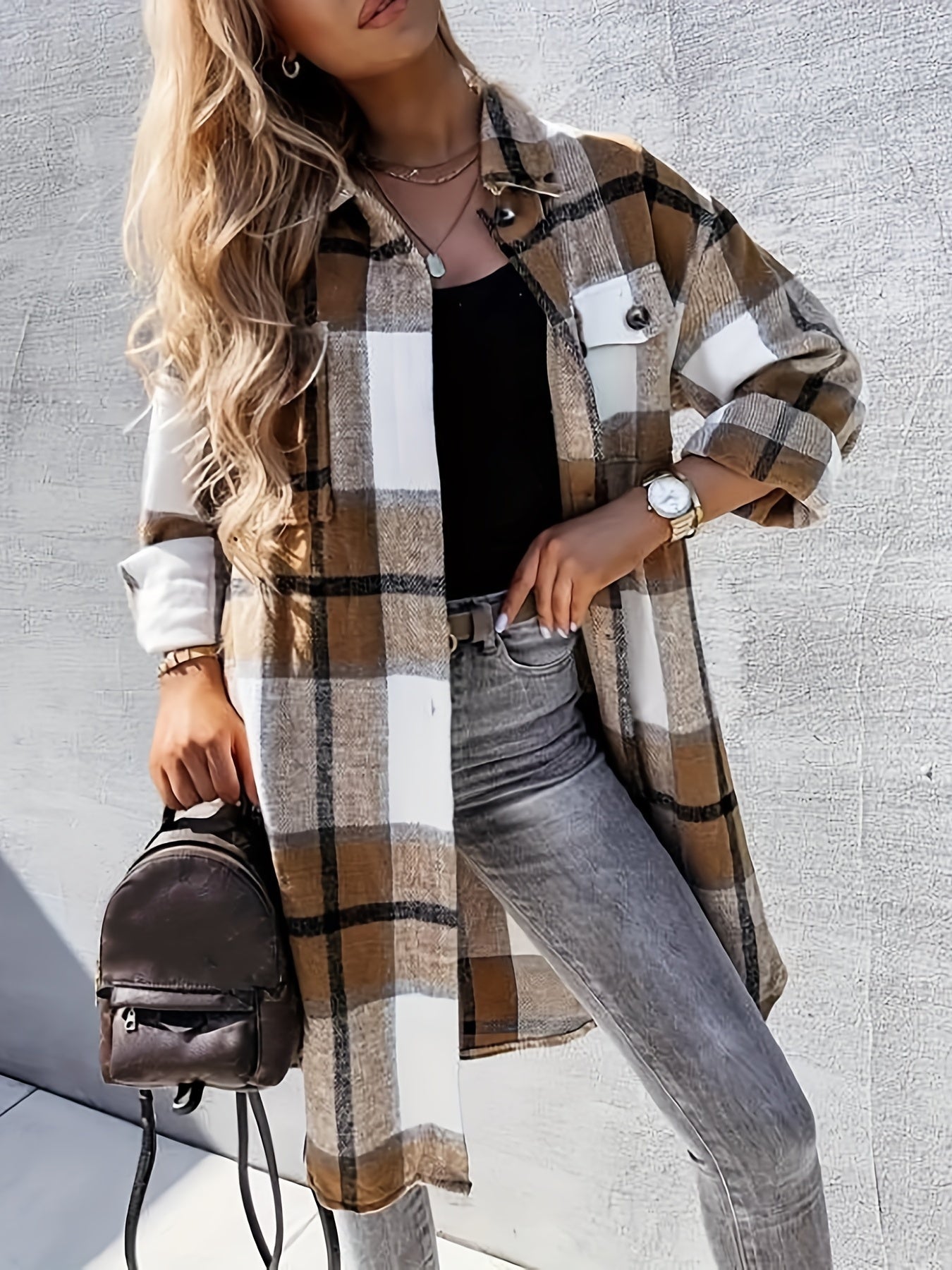 Evelora™ - Veste Longue à Imprimé Carreaux pour Femmes