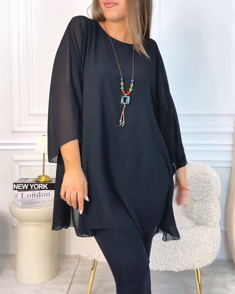 Ingeborg - Haut Ample Uni à Col Rond et Manches 3/4 pour Femme