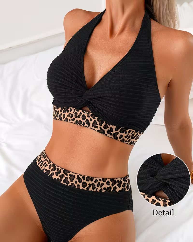 Cavirae™ - Bikini Femme Taille Haute Léopard Bande Contrastée Coupe Flatteuse