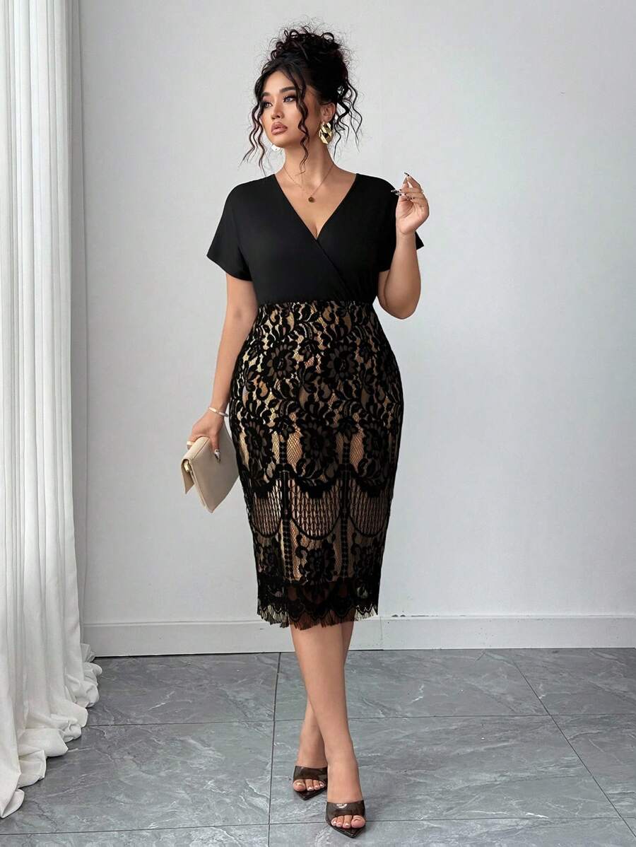 Ovelia™ - Robe Soirée Dentelle Taille Haute Col V Manches Courtes
