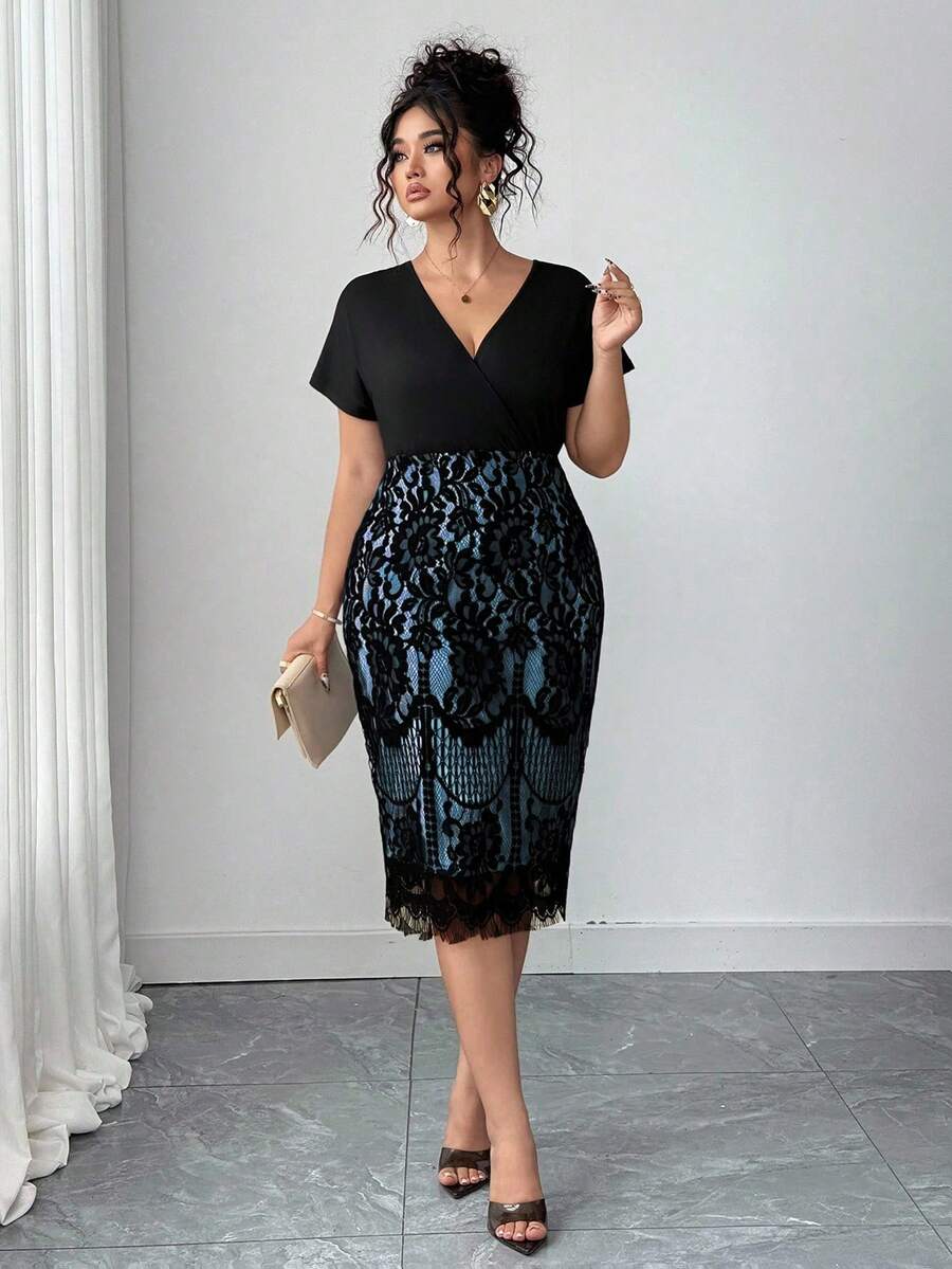 Ovelia™ - Robe Soirée Dentelle Taille Haute Col V Manches Courtes