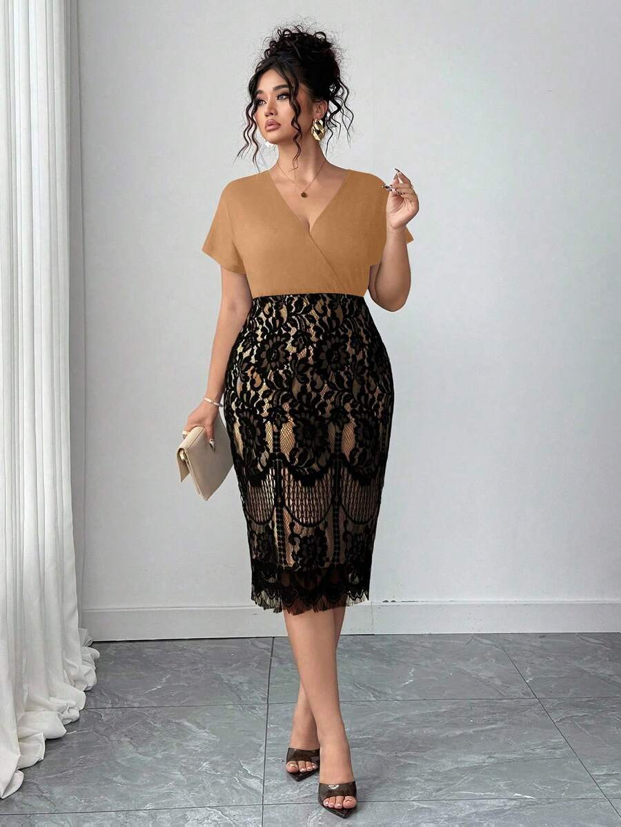 Ovelia™ - Robe Soirée Dentelle Taille Haute Col V Manches Courtes