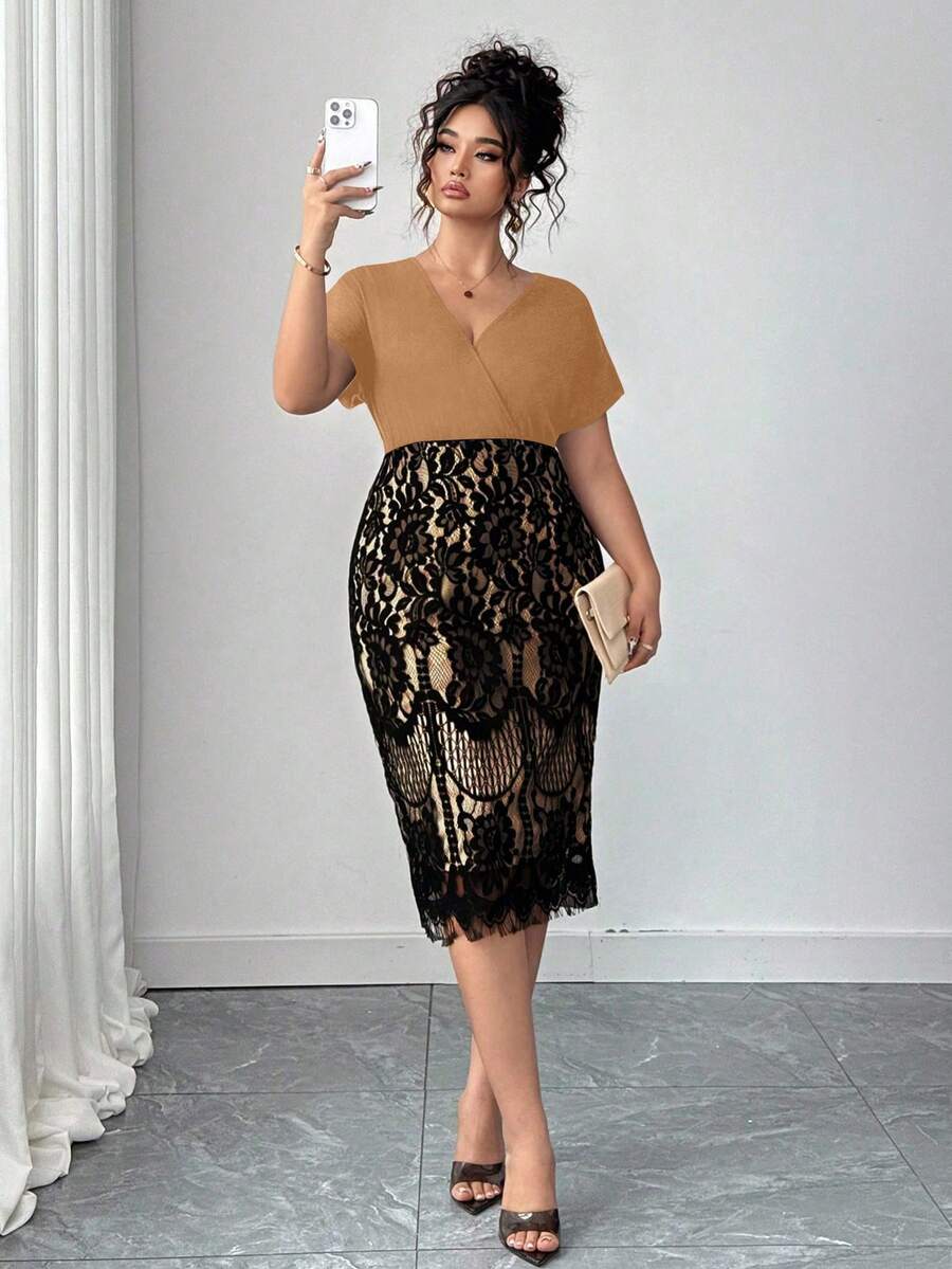 Ovelia™ - Robe Soirée Dentelle Taille Haute Col V Manches Courtes
