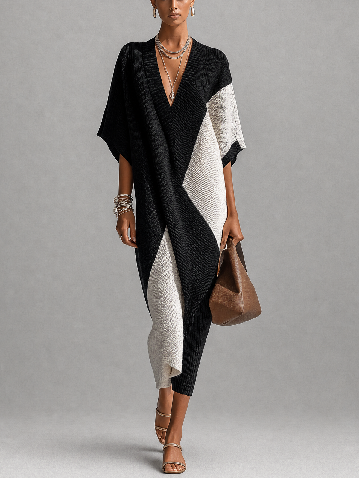 Babettenow - Robe midi femme bicolore noir et ivoire