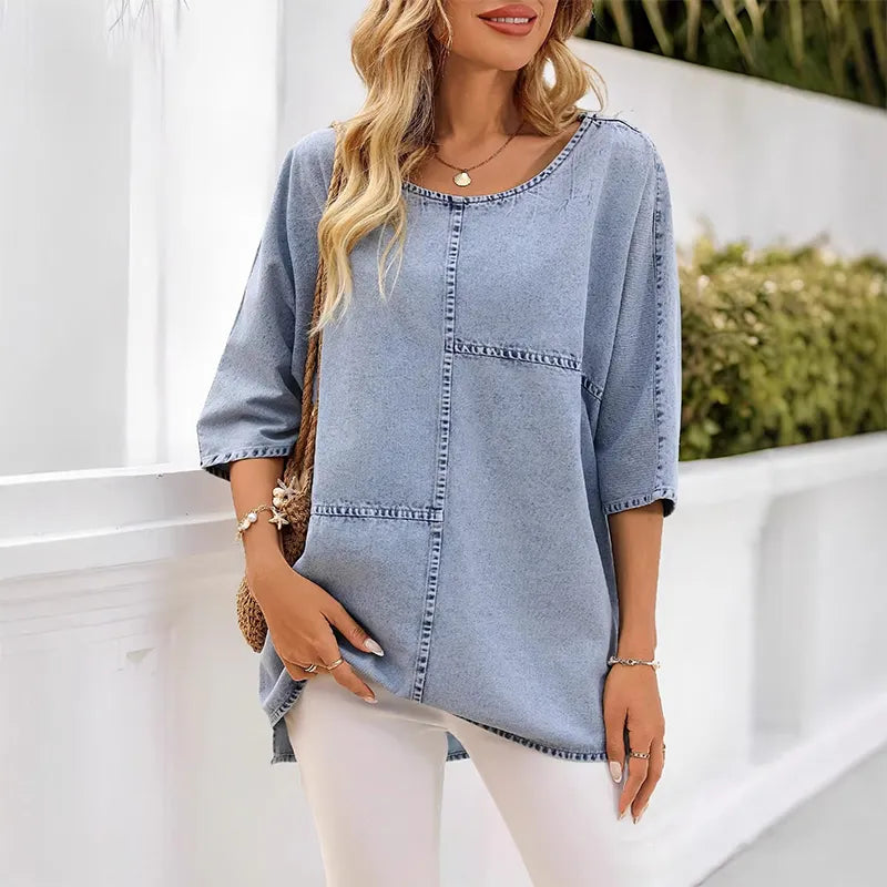 Frédérique - T-shirt femme effet denim avec coutures décoratives