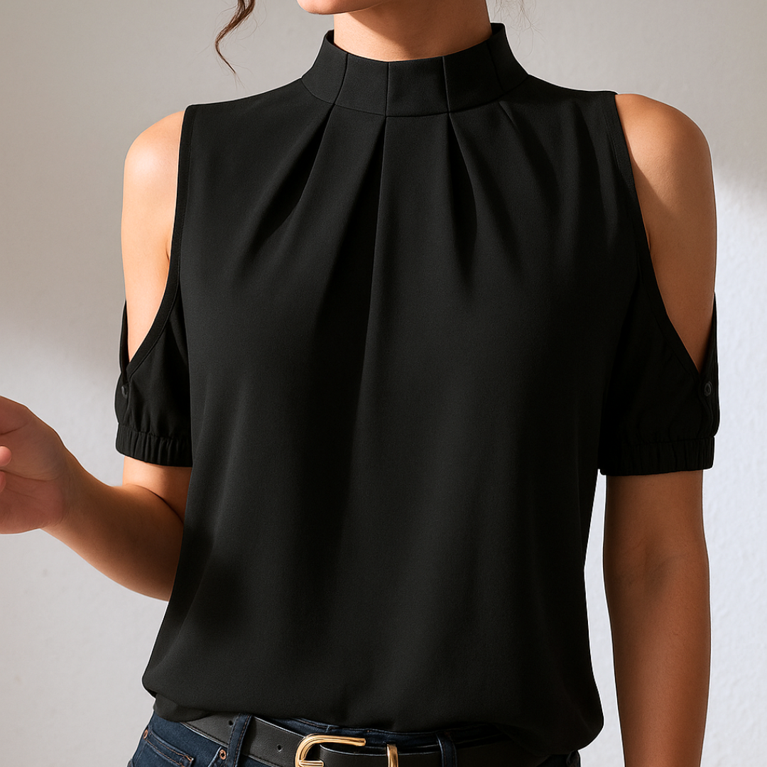 Evelia™ - Blouse plissée noire avec manches fendues