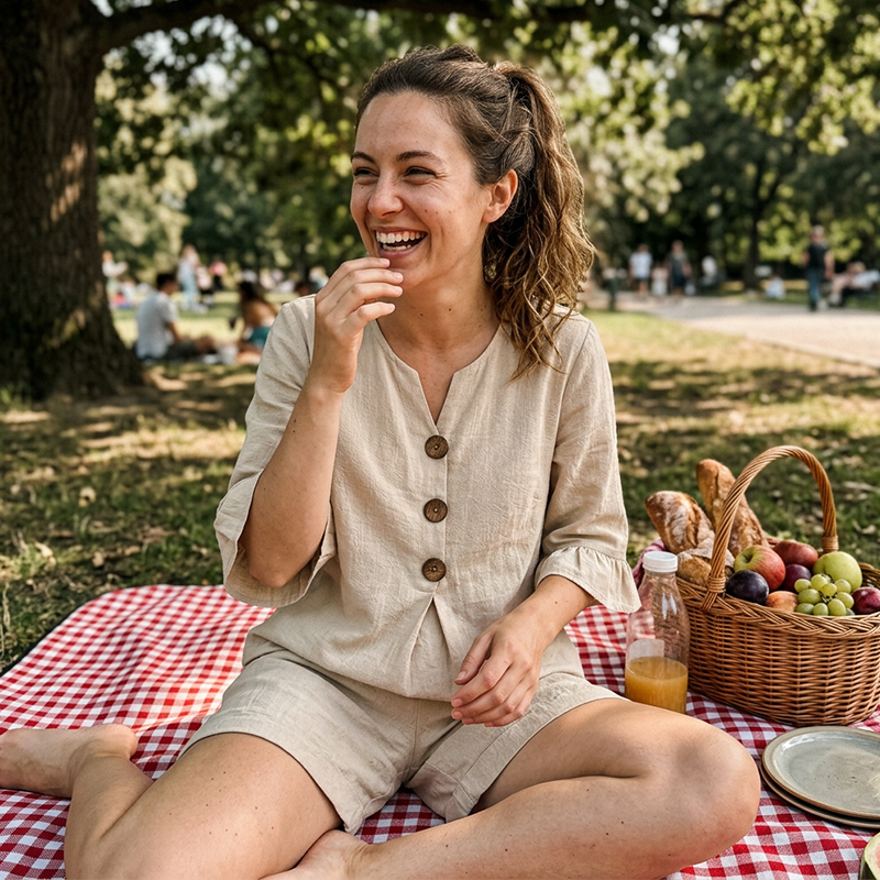 Telora - Ensemble femme en coton avec haut boutonné et short