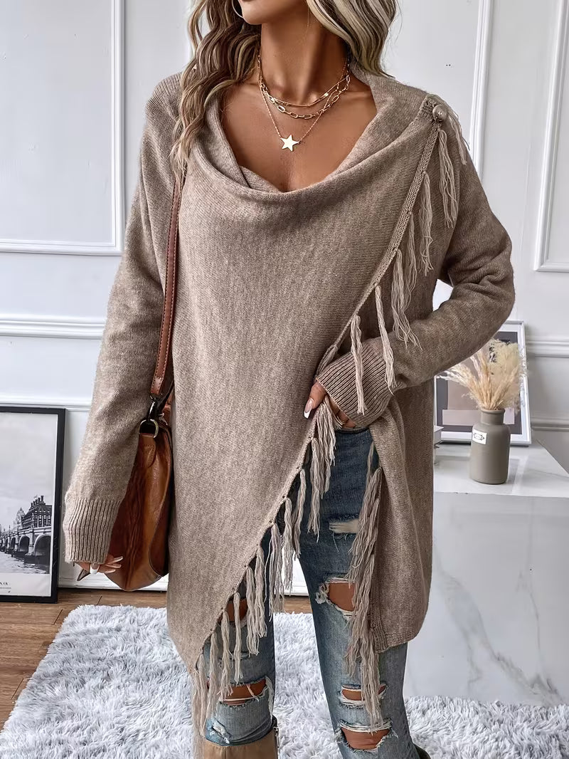 Sjoukje - Cardigan femme à col drapé asymétrique et franges décoratives