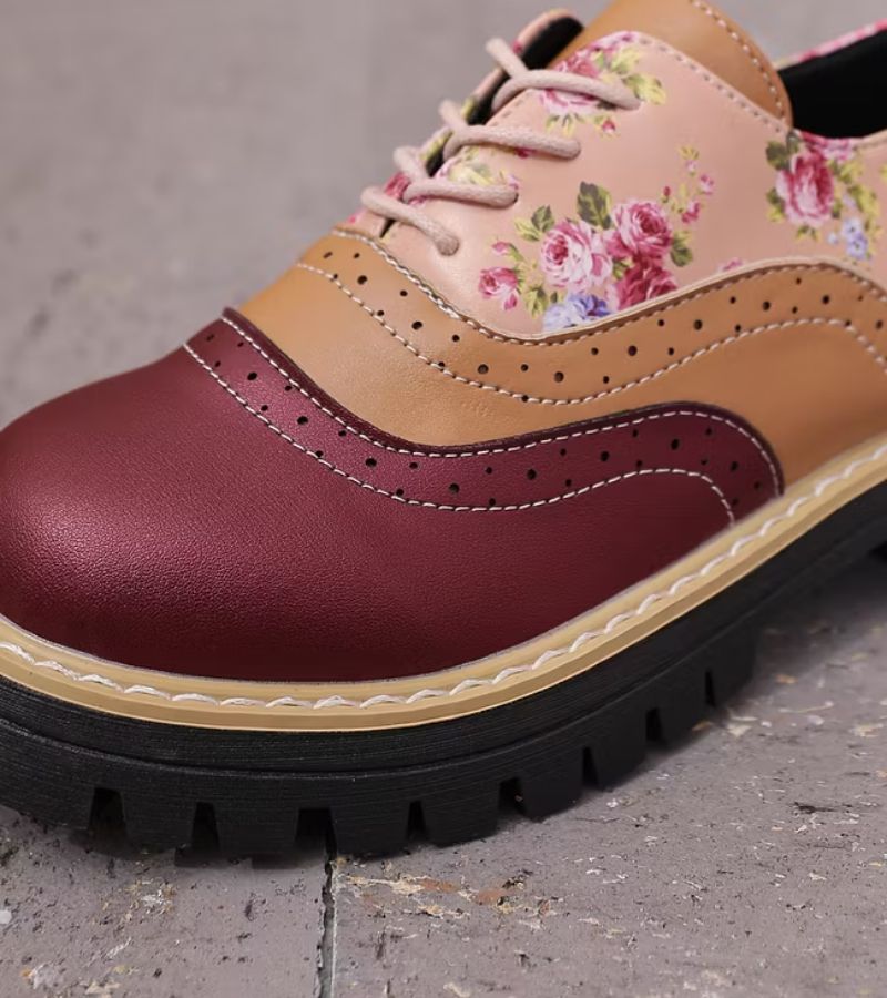 Maan - Chaussures Oxford Femme à Lacets avec Motif Floral et Semelle Épaisse