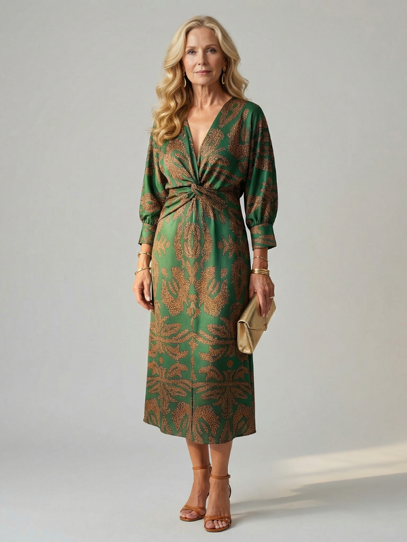 Falune™ - Robe femme midi croisée imprimée taille cintrée élégante