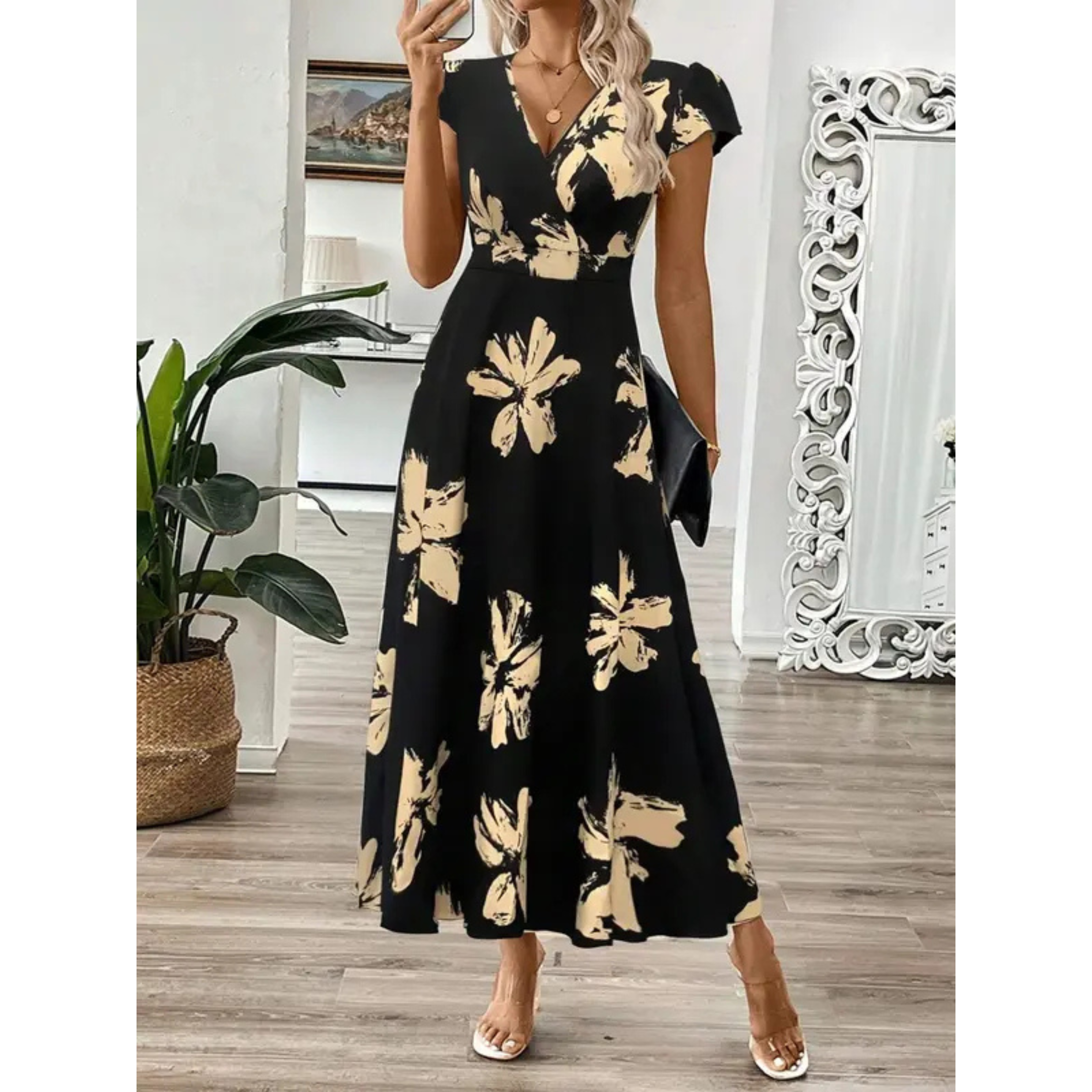 Korevyn™ - Robe maxi femme imprimé floral noir et beige élégante fluide