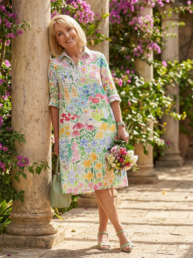 Brelia - Robe chemise femme fleurie à manches 3/4