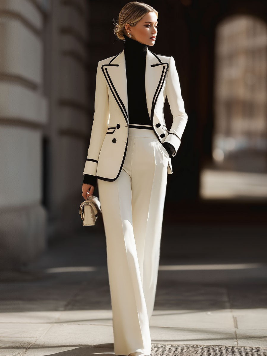 Praxine™ - Ensemble Femme Tailleur Élégant Blazer Double Boutonnage et Pantalon Large