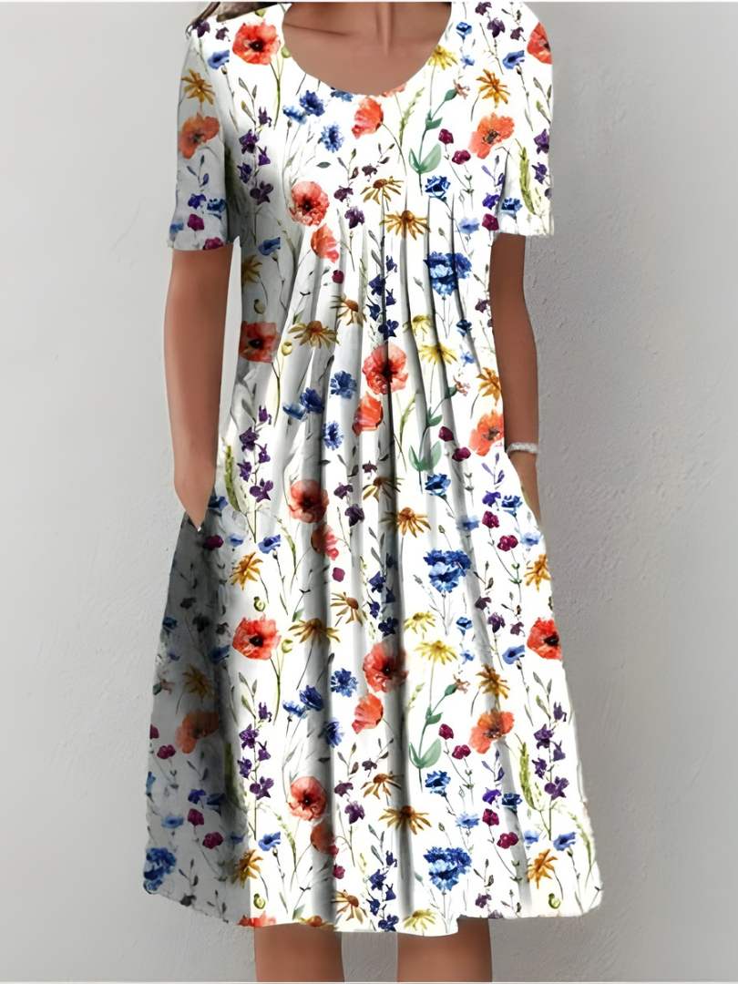 Aurexia™ - Robe Femme Florale Plissée Manches Courtes Coupe Fluide Élégante