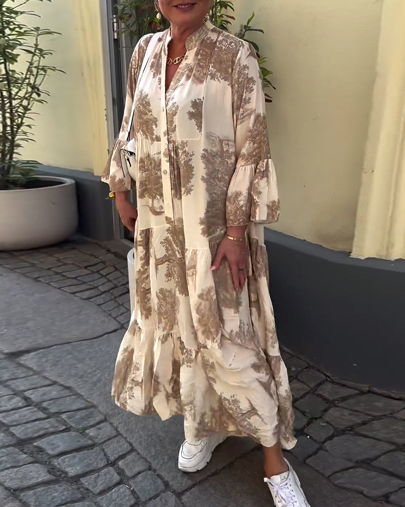 Greta™ - Robe Patchwork Ample avec Col en V et Manches Cloches Imprimées