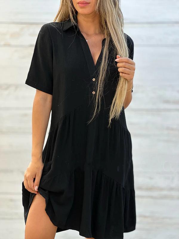 Vionelle™ - Robe décontractée, unie, à manches courtes en coton et lin pour femme
