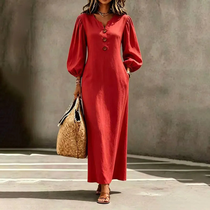 Réjane - Robe maxi femme à col V et manches bouffantes