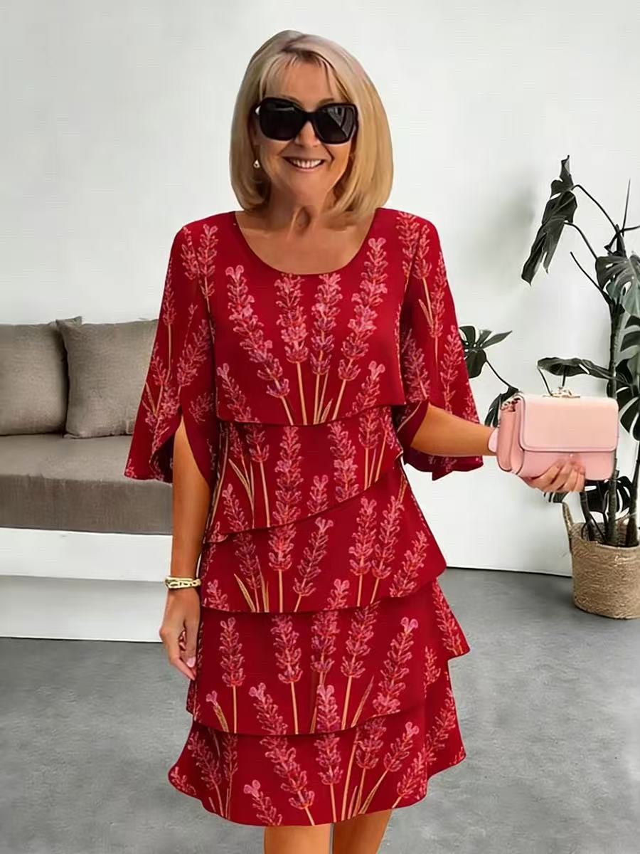 Elyvane™ - Robe femme mi-longue à volants imprimé floral manches fendues