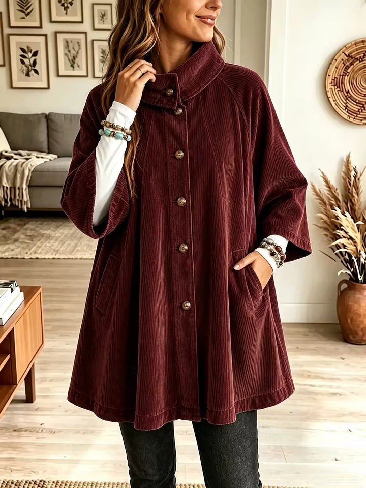 Titia - Manteau cape femme oversize en velours côtelé à col rabattu