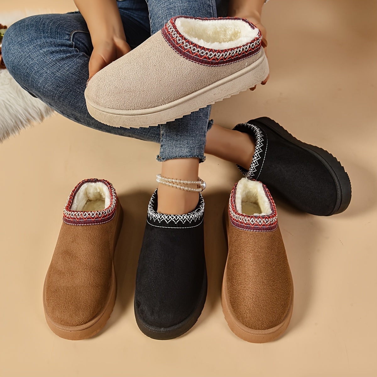 Ethnic-Inspired Slip-On Boots - Warm, Comfortable, Stylish, Faux Fur Lined, Low Heel, Black and Brown
