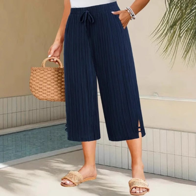 Cyntra™ - Pantalon Femme Coton Lin Jambes Larges Taille Confort Coupe Fluide