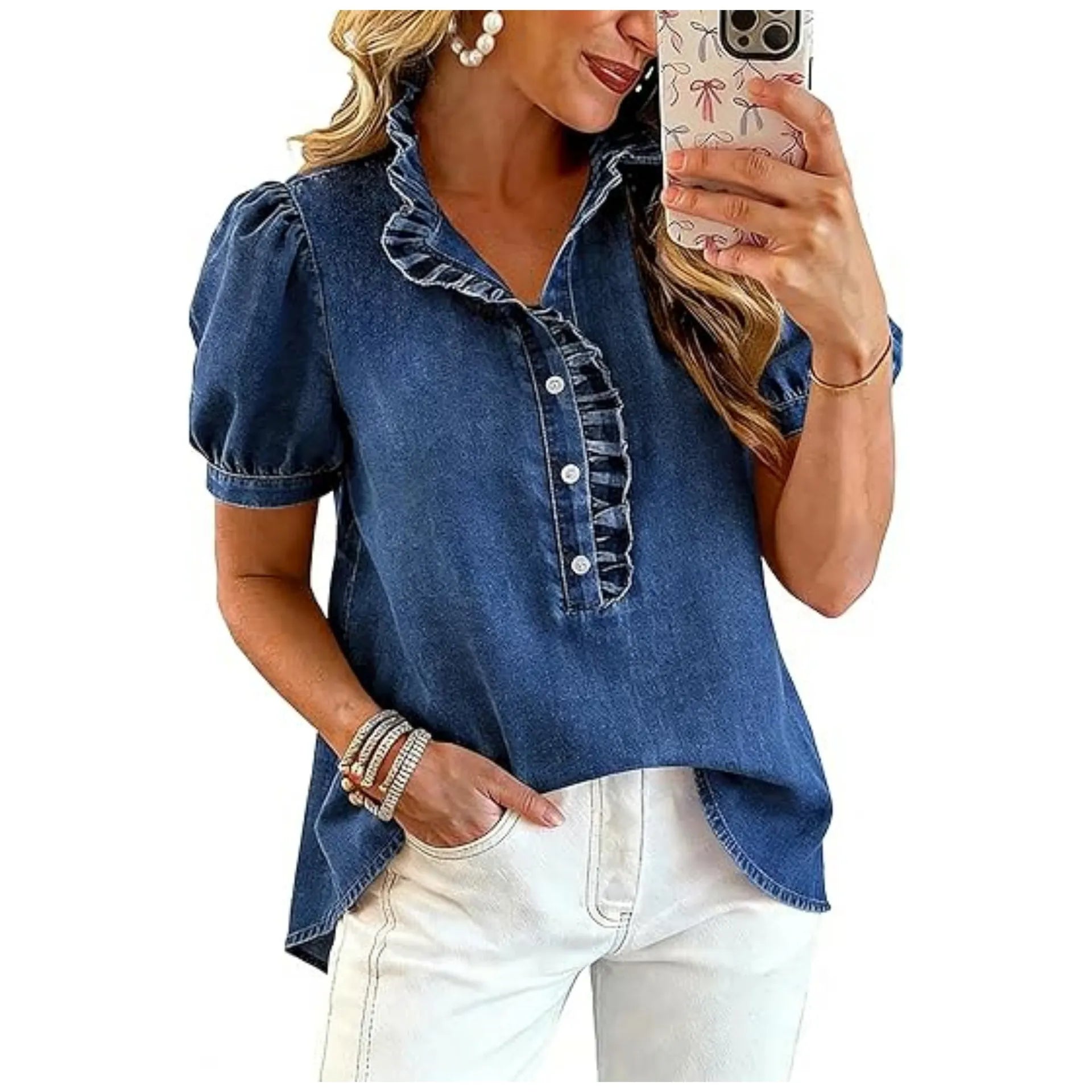 Caelith - Haut femme en denim avec col volanté