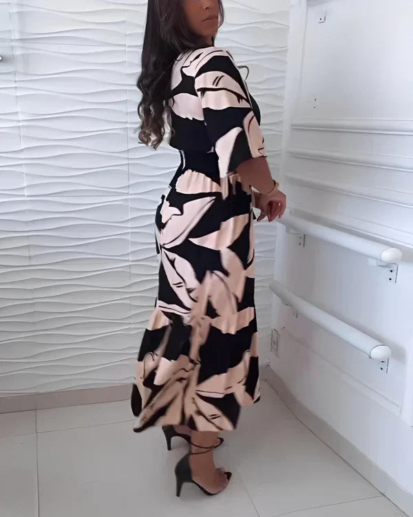 Orlissa - Robe femme à col V avec taille ajustable et imprimé noir