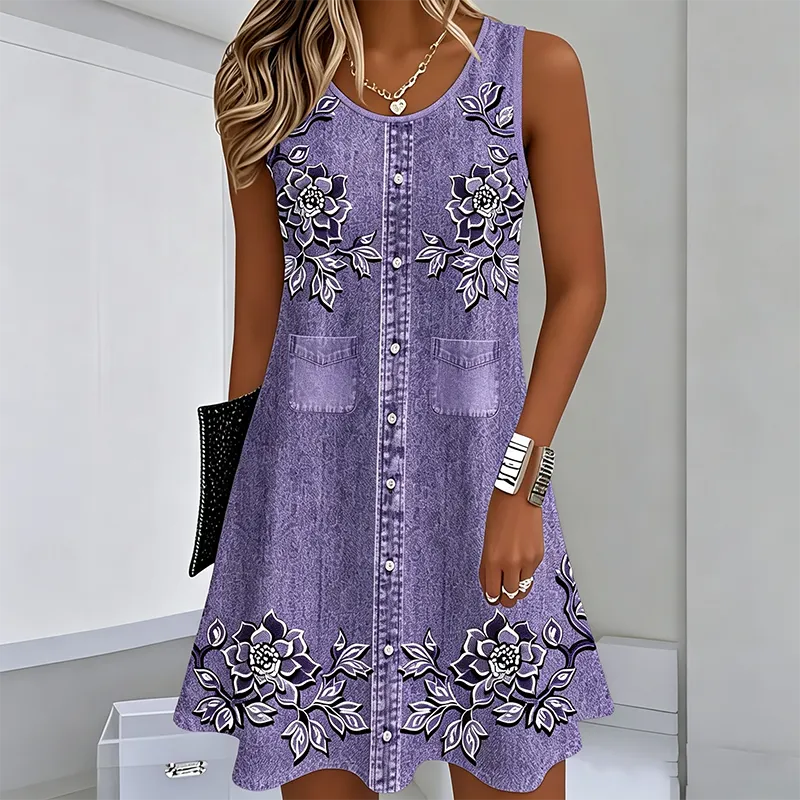 Vesper - Robe femme sans manches à fleurs avec boutons