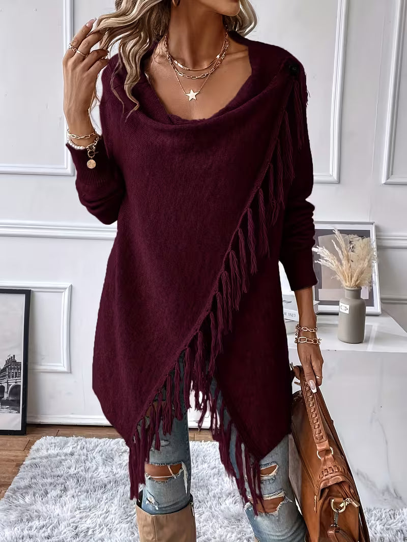 Sjoukje - Cardigan femme à col drapé asymétrique et franges décoratives