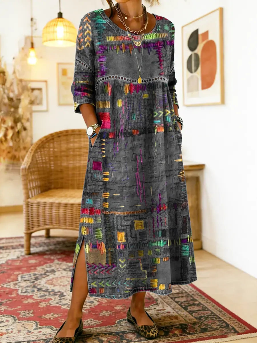 Lunethra™ - Robe Denim Patchwork Ethnique Femme
