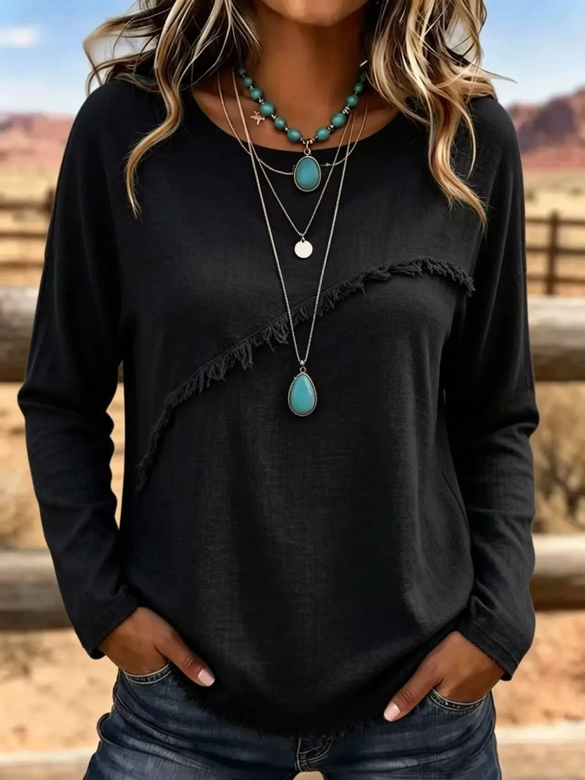 Elsemieke - Blouse femme vintage à col rond avec franges