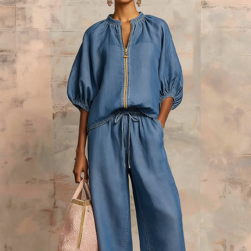 Calyndra - Ensemble femme deux pièces uni avec haut zippé et pantalon large