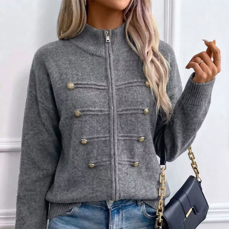 Teuntje - Gilet en maille femme à col montant zippé et boutons décoratifs
