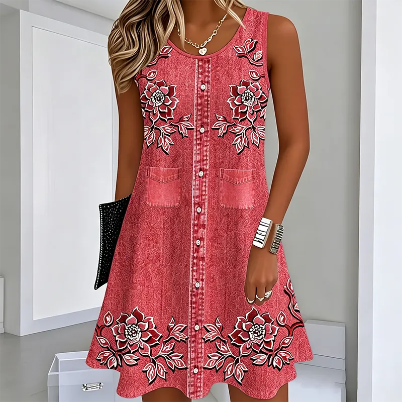 Vesper - Robe femme sans manches à fleurs avec boutons