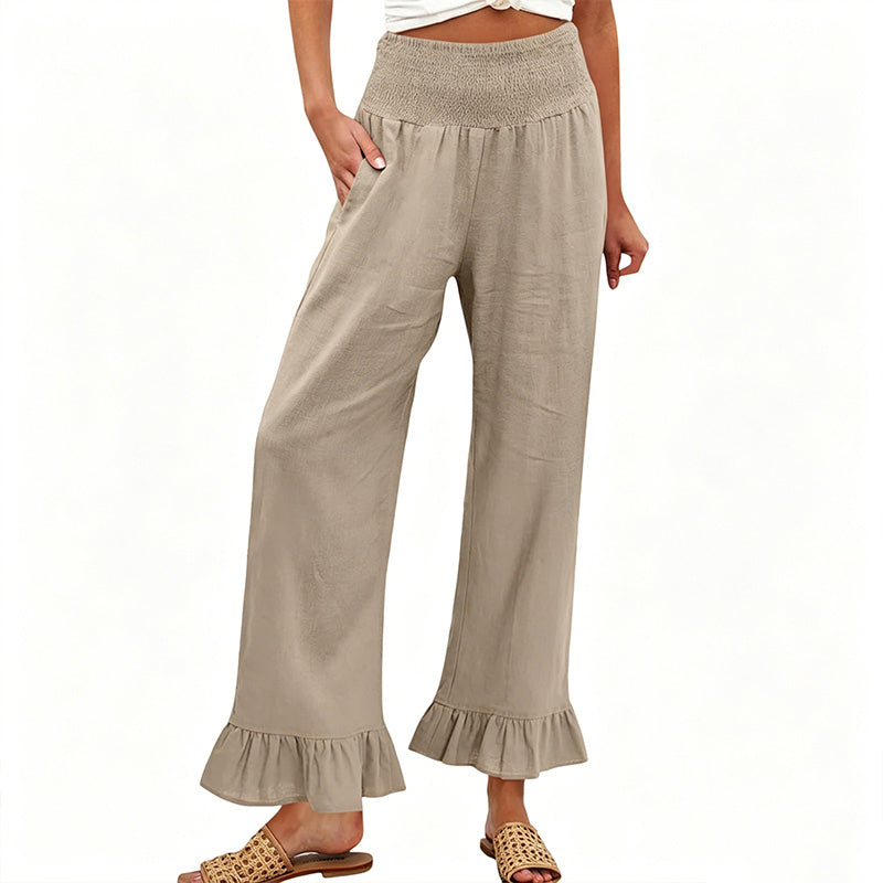 Dorexa™ - Pantalon femme taille haute smockée large coton lin boho