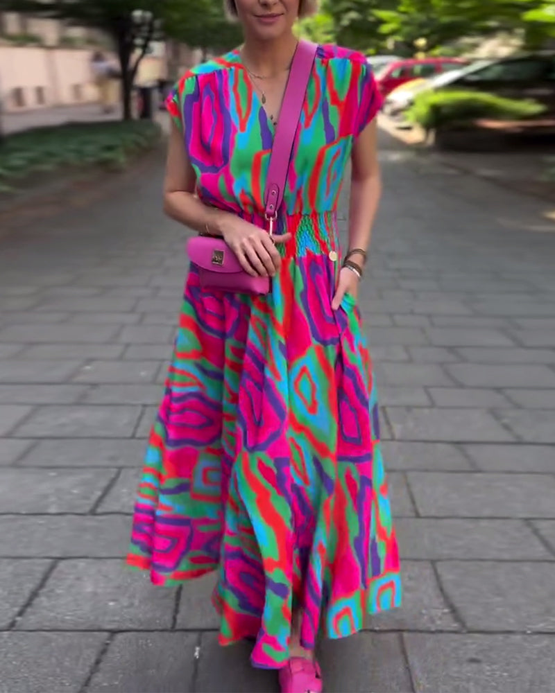 Roxana™ - Robe longue à imprimé coloré avec décolleté en V et manches raglan