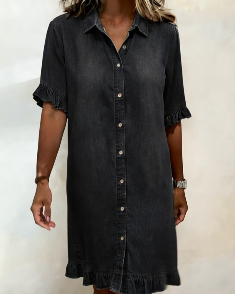 Glytha™ - Robe Femme Denim Boutonnée Manches Volants Coupe Droite Décontractée