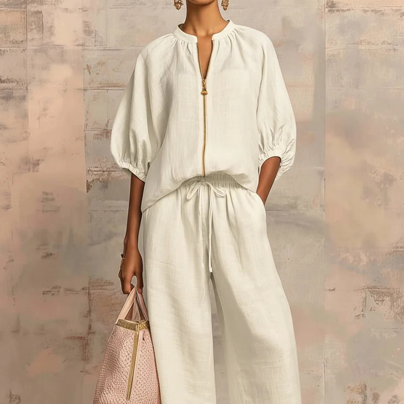 Calyndra - Ensemble femme deux pièces uni avec haut zippé et pantalon large