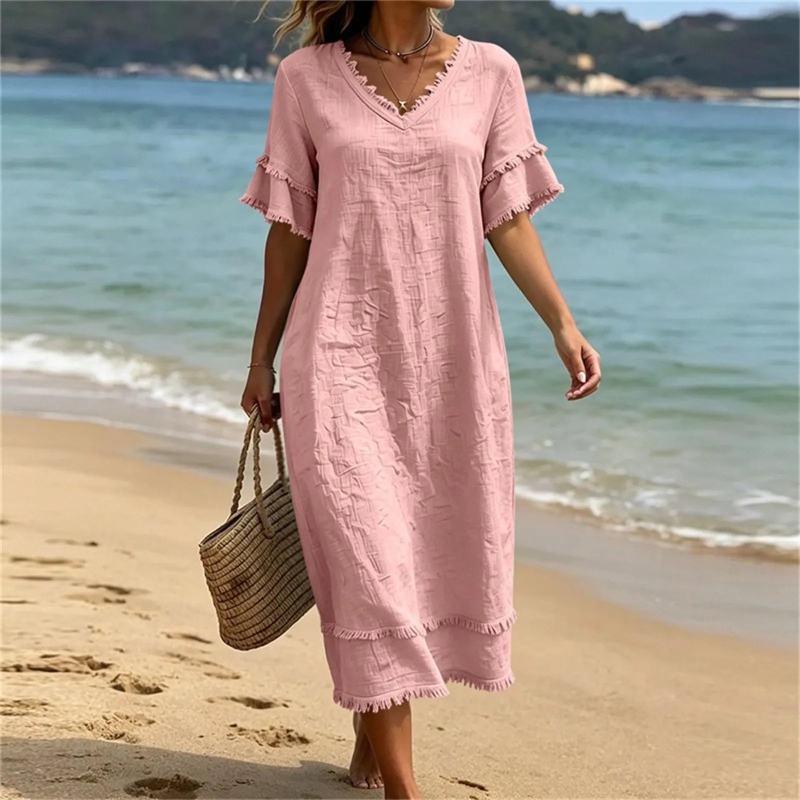 Naelle - Robe femme col V à franges style bohème