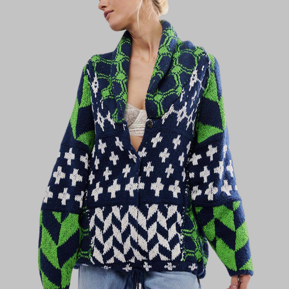Quenalya - Cardigan Oversize à Col Boutonné Vintage
