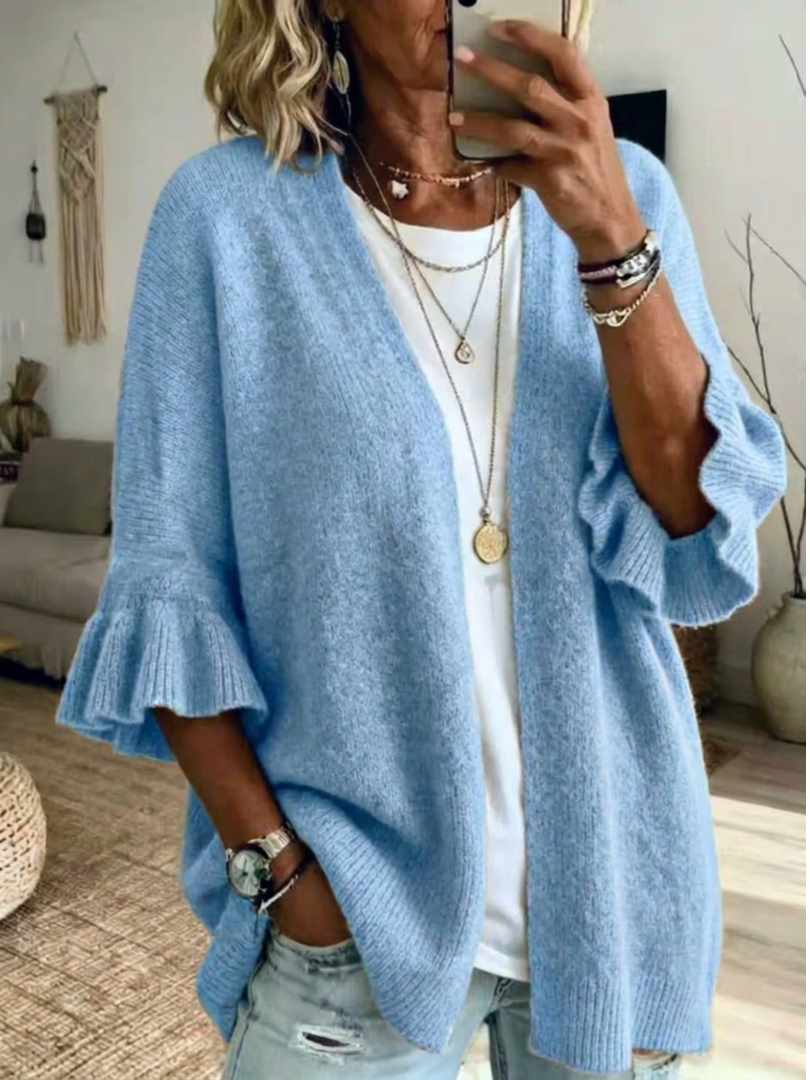 Frieda - Gilet femme tricoté ouvert avec manches volantes