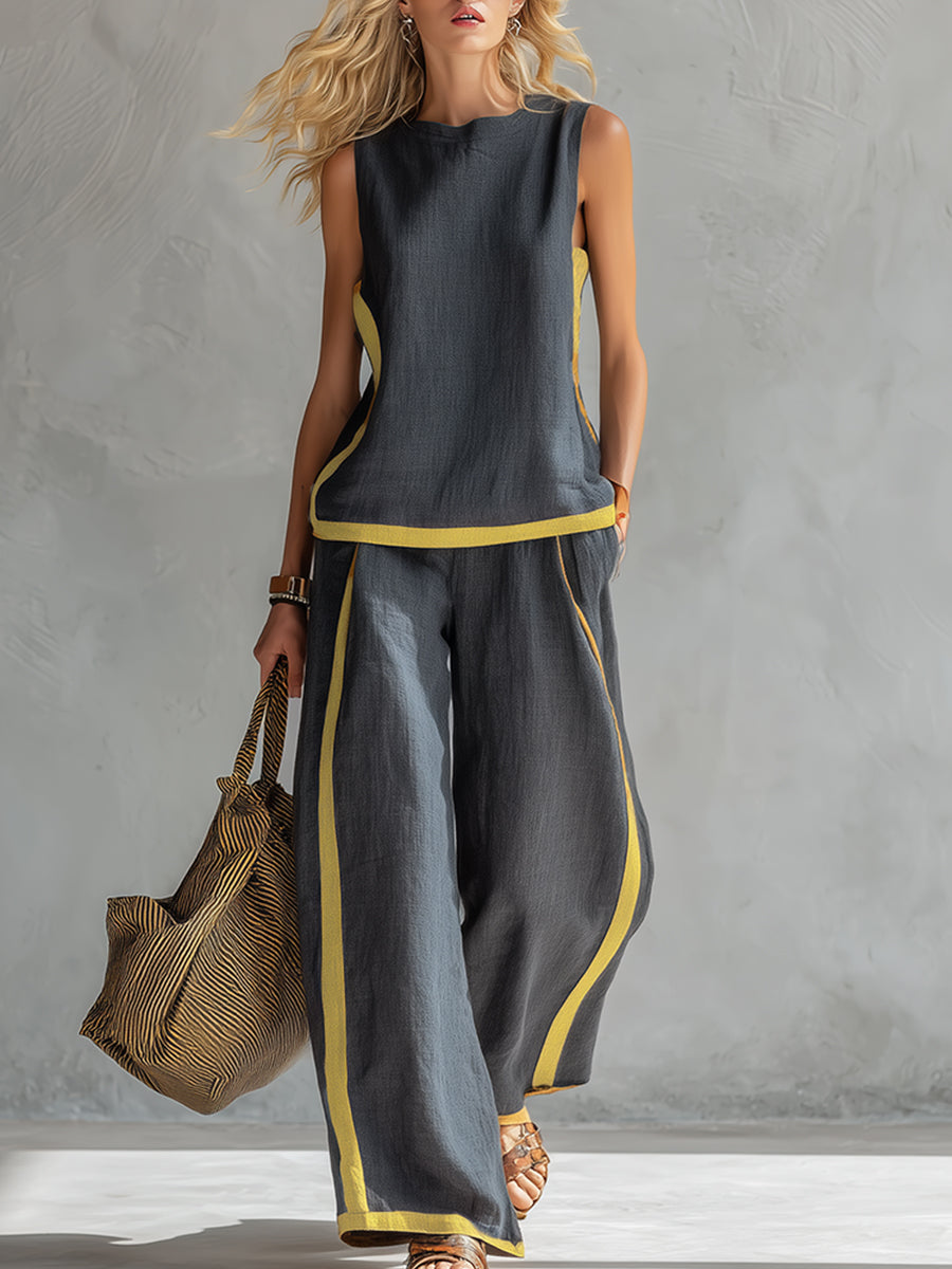 Tavindra™ - Ensemble Élégant Coton Lin Femme – Haut Sans Manches & Pantalon Large