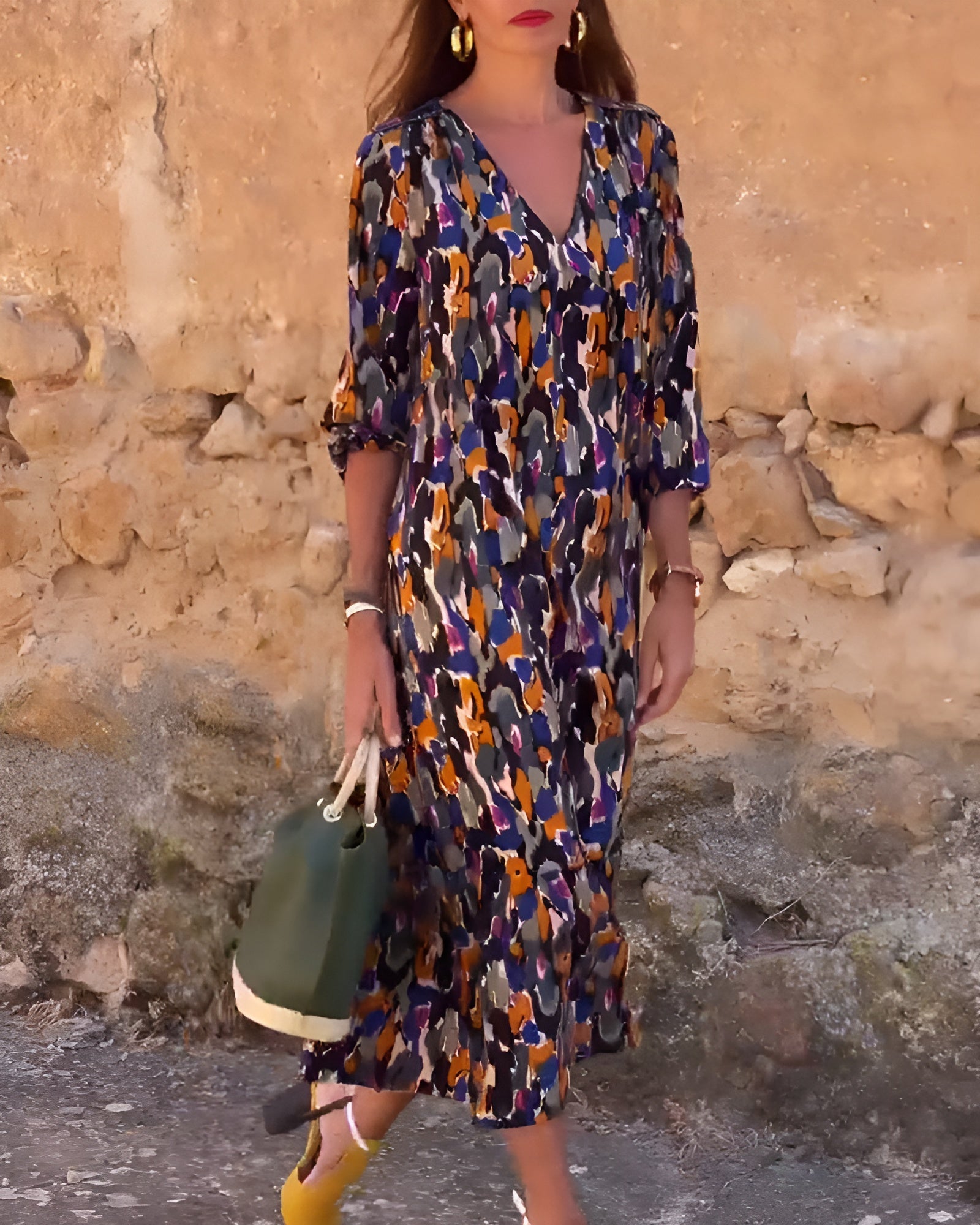 Lorina™ - Robe col V imprimé rétro