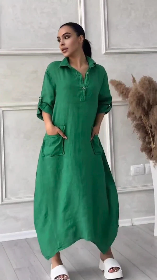 Leontine™ - Robe maxi femme en lin et coton avec revers
