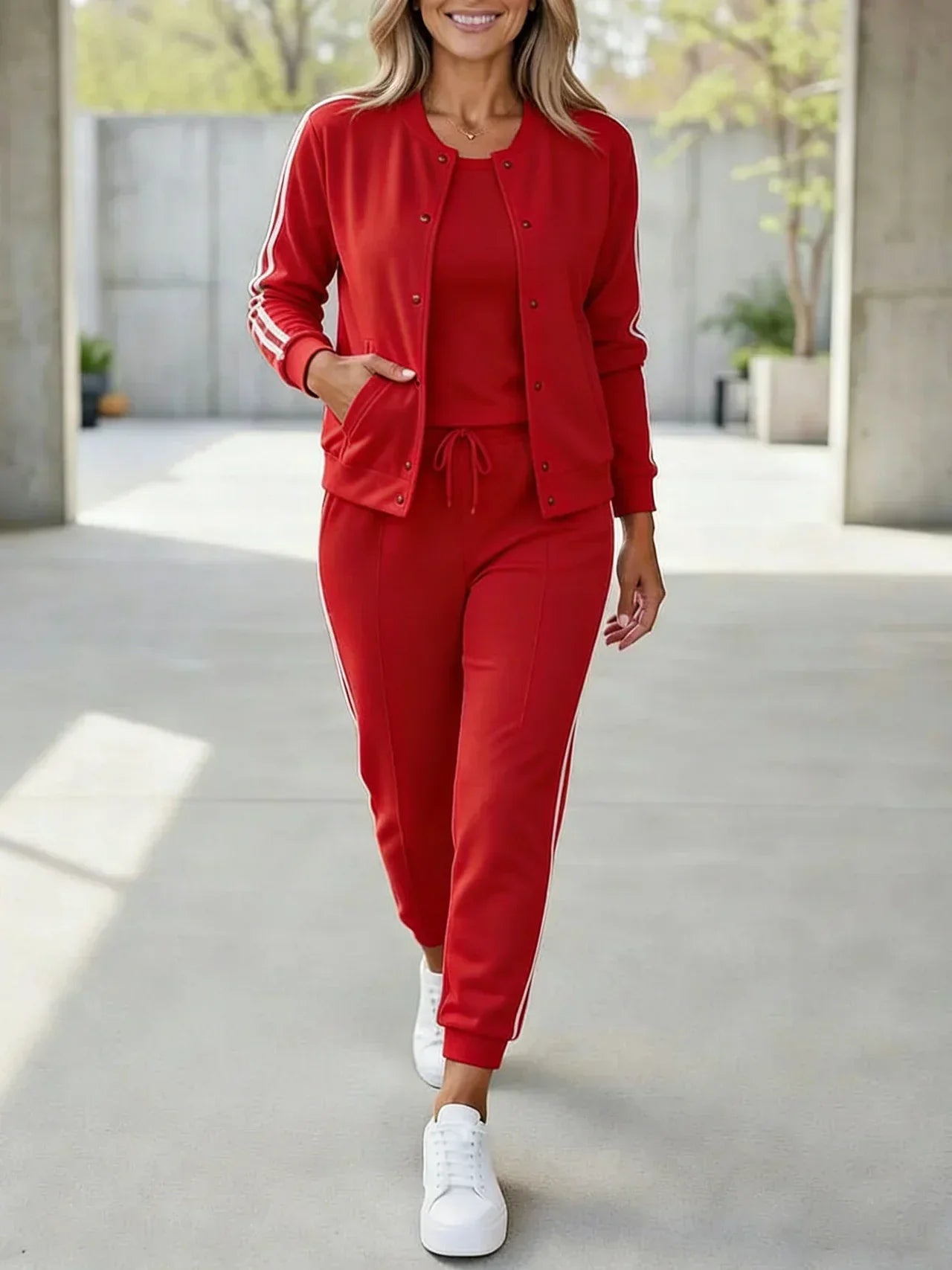Quenith™ - Ensemble Femme 3 Pièces Sport Chic Veste Pantalon Rayures Élégantes
