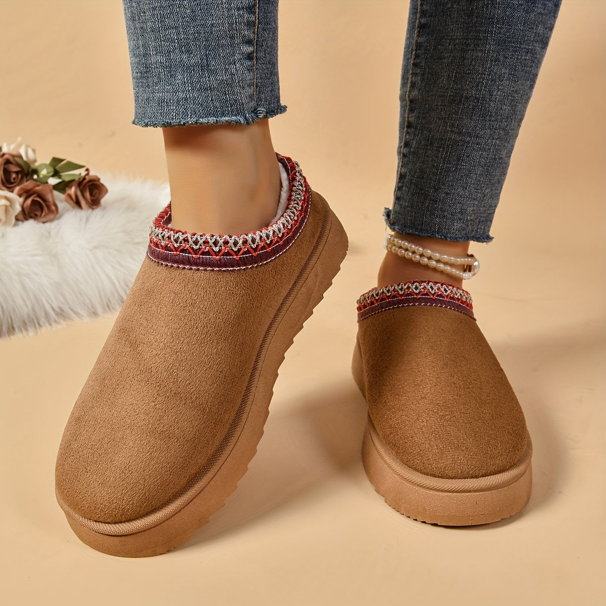 Ethnic-Inspired Slip-On Boots - Warm, Comfortable, Stylish, Faux Fur Lined, Low Heel, Black and Brown