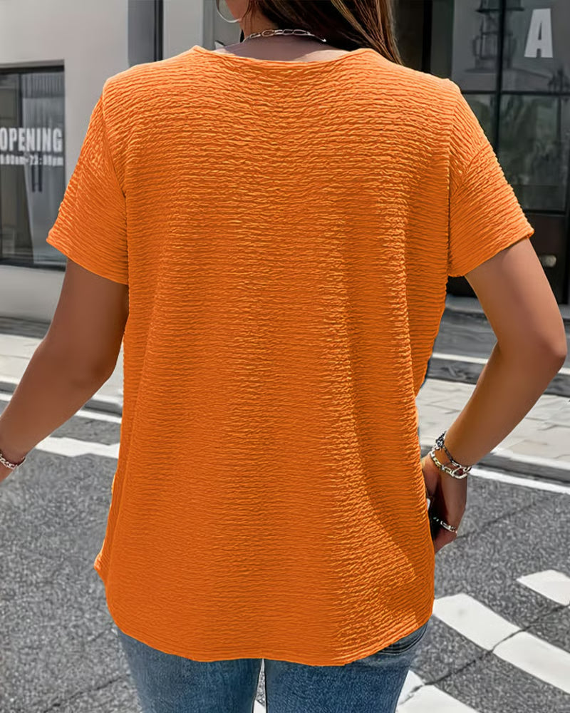Syzelle™ - T-shirt femme col rond texturé manches courtes boutons décoratifs élégant