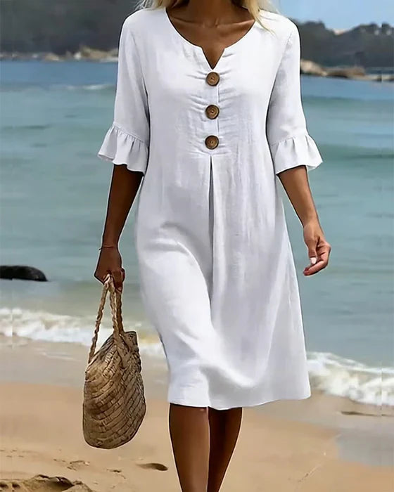 Beatrix™ - Robe Femme Coton Lin Coupe Fluide Boutons Manches Évasées Élégante