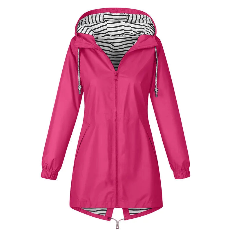 Yolaine - Imperméable femme long à capuche avec doublure rayée