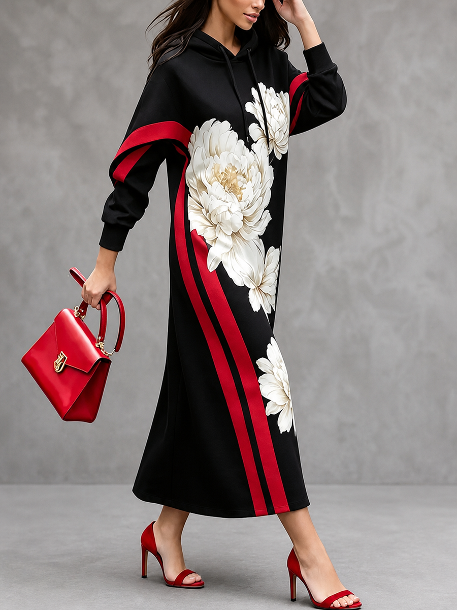 Goedele - Robe longue femme à capuche avec imprimé floral et manches longues